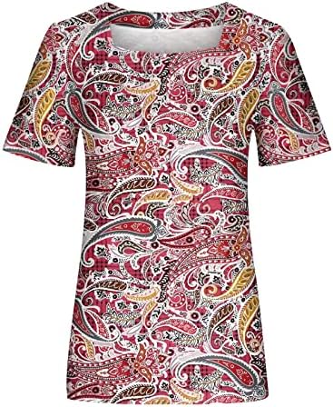 צמרות קיץ לנשים 2023 פרחוני טרנדי מודפס שרוול קצר צוואר מרובע חולצות טריקו