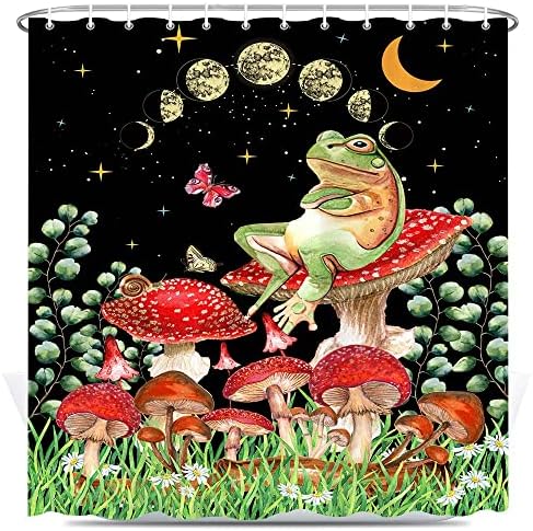 וילון מקלחת צפרדע פטריות, שלב ירח פרפר צפרדע אנכית כוכבי ירח אסתטי כוכבי אמבטיה, צמח ירוק עלה פרפר פרח