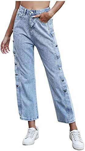 מתיחת ג'ינס לנשים באורך ישר זבוב מלא רוכסן רוכסן רוכסן קפרי קרוע מכנסי מכנסי מכנסיים כחול