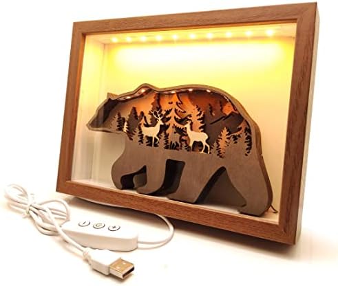 Hometu עץ עץ 3D קופסת צל עם אור LED Light Light - דוב עם פסל סצנת יער 8 אינץ 'מנורת מסגרת עם בקר קו