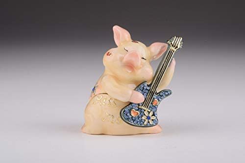 קרן קופל חזיר מנגן בגיטרה תיבת תכשיטים מעוטרת בקריסטלים של סברובסקי מתנה ייחודית בעבודת יד P1903