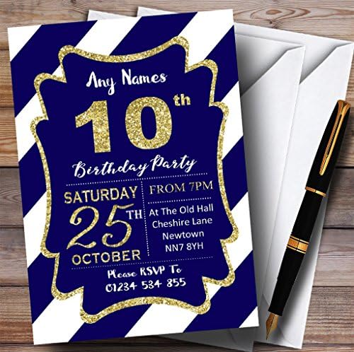 פסים אלכסוניים לבנים כחולים זהב הזמנות למסיבת יום הולדת בהתאמה אישית עשירית