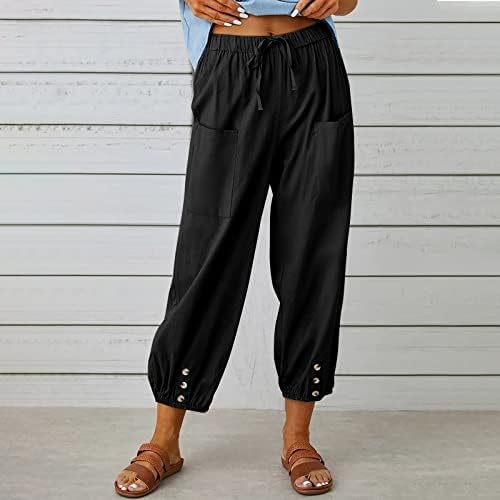 מכנסי טרנינג בסיסין נשים מזדמנות פלוס גודל גודל מותניים אלסטיים מכנסיים קפרי רחב כפתור רגל רחב מכנסיים קצוצים