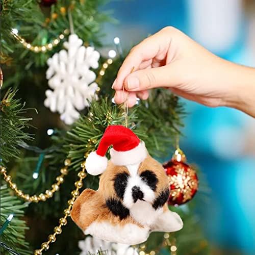 קישוט לכלבי חג המולד, קישוטי כלבים מיני קטיפה עם כובע חג המולד לקישוט עץ חג המולד לאוהבי כלבים/בעלים