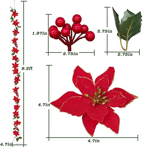 8.2ft Poinsettia Garland קישוטים לחג המולד, Sparkle Velvet Silk פרחים מלאכותיים זר עץ חג המולד עם פירות יער אדומים,