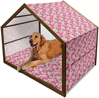 בית כלבים פרחוני מעץ אמבסון, דוגמת אחו אביבית פורחת בסגנון רטרו עם פרטים מתולתלים, כלביית כלבים