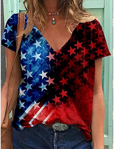 חלק עליון מזדמן לנשים קיץ סתיו שרוול קצר V צוואר מרובע ארהב דגל ארהב כוכב גרפי חולצות חולצות בנות 2023 בגדים