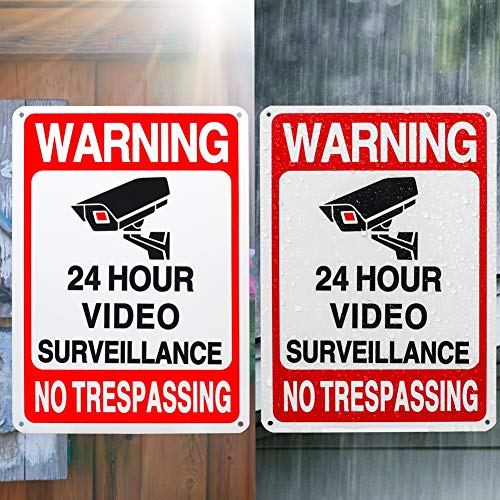 2-מארז שלט מעקב וידאו 24 שעות ביממה, ללא שלט אזהרה רעיוני מתכת הסגת גבול, אלומיניום ללא חלודה 10 על 7 אינץ',