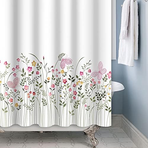 וילון מקלחת פרחוני של ייל, וילונות אמבטיה בוטניים של פרחי הבר פרחים ורודים בצבעי מים וילון אמבטיה דפוס לבן עם