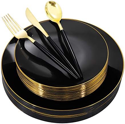 נרבורה 150 יחידות שחור פלסטיק צלחות - שחור עבד זהב חד פעמי צלחות עם שחור ידית כלי כסף-פרימיום במשקל