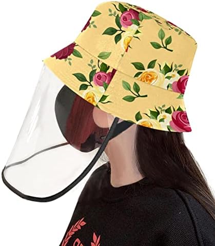 כובע מגן למבוגרים עם מגן פנים, כובע דייג כובע אנטי שמש, פרח פרחי ורד אדום וצהוב