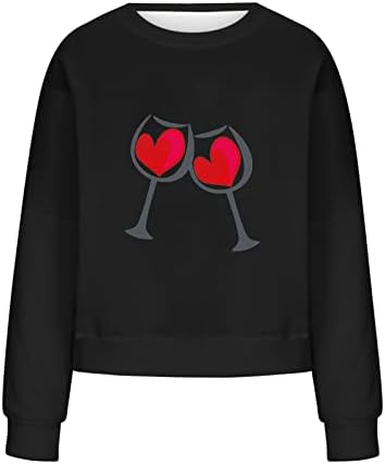 סווטשירט סווטשירט ליום האהבה לנשים יין אדום זכוכית אדום חולצה להדפסת רגלן שרוול ארוך עליון סוודר רופף מזדמן