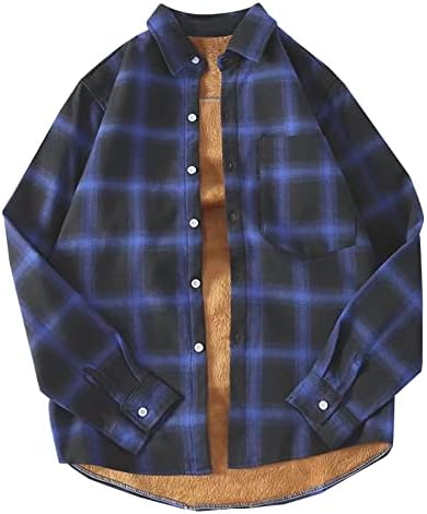 חורף מעבה חזה ז'קט חולצה משובצת חמה לגברים, כפתור שרוול ארוך מזדמן למטה מעיל מעיל נוח