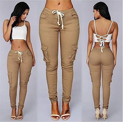 מכנסי יוגה מכנסי מטען לנשים מכנסי יוגה מותניים גבוהים מכנסיים בכושר דק עם כיסי מוטי מכנסיים ארוכים