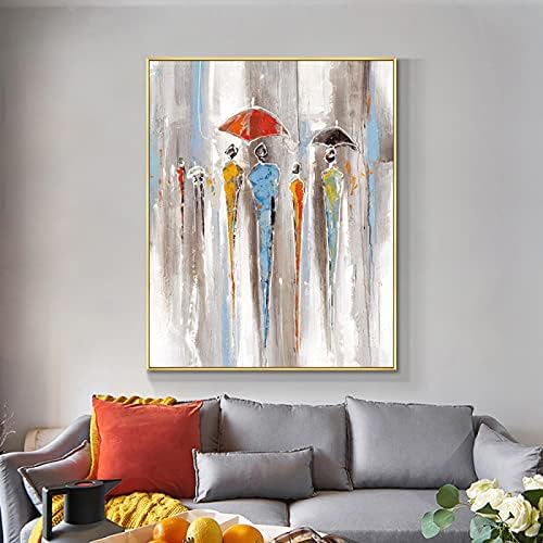 אנשים מופשטים בגשם עם מטריות ציור שמן צבוע ביד על קישוט אמנות קיר מופשט לחדר שינה לסלון בית מלון מסדרון