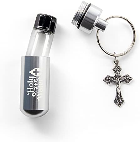 בקבוק מים קדושים קתוליים, ערכת מיכל מחזיק מפתחות מכסף עם קרופר מפלסטיק ובקבוקון זכוכית קטן עם מחזיק מפתחות מתכת
