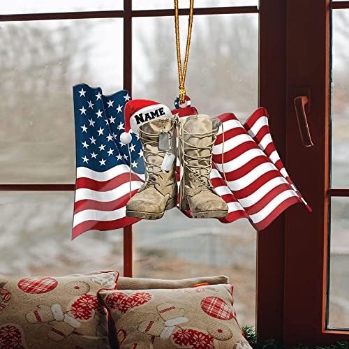 שם מותאם אישית של חייל צבא מגפיים ותיקים אמריקה דגל ארהב דגל עץ חג המולד עיצוב עיצוב צלול פלסטיק