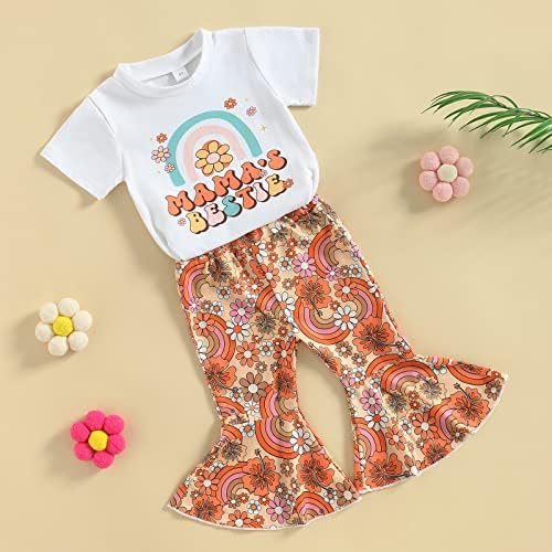 פעוטות פעוט תינוקת פעמון פעמון תלבושת תחתית שרוול קצר הדפס טריקו פרח מכנסיים מתרחבים בגדי קיץ