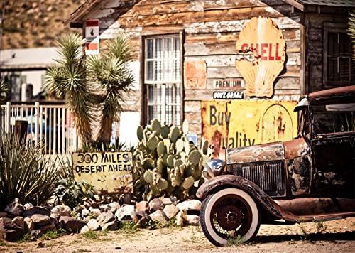 BELECO 20X10ft בד היסטורי כביש 66 תחנת דלק תפאורה חנות כללי חנות כללי בית עץ ישן מכונית קלאסית קקטוס אריזונה רקע