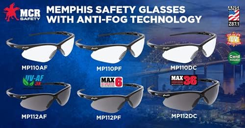 סדרת MCR בטיחות ממפיס MP110AF משקפי בטיחות, הגנת עיניים, מסגרת שחורה, עדשה אנטי-ערפל ברורה UV-AF
