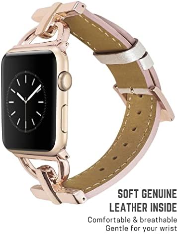להקת עור Heesch תואמת את Apple Watch לנשים, עם עיצוב אבזם אבזם מתכת ייחודי של D-Shape, רצועת שעון עור