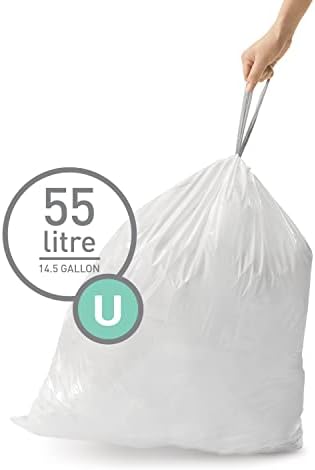 Simplehuman בהתאמה אישית תיקי אשפה שקיות אשפה בחבילות מתקן, 60 ספירה, 55 ליטר, 14.5 ליטר, לבן ושתיית