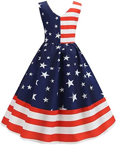 שמלות קוקטייל ליום העצמאות של LMDUDAN דגל אמריקאי דגל נדנדות שמלת נדנדה זורמת ללא שרוולים v צוואר שמלות מיני