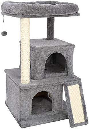 סוליב 34 אינץ ' עץ חתול מגדל חתול רב מפלסי עם 2 דירות, עמודי גירוד ורמפה, בתי חתולים קטיפה רכים לחתולים