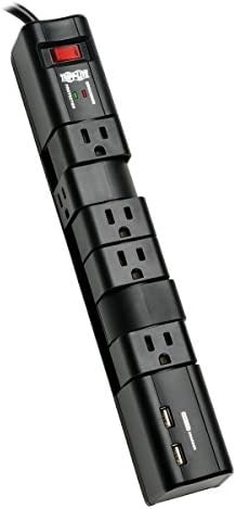 Tripp Lite 6 רצועת חשמל של מגן מתח סתום מסתובב, כבל 8ft, שני USB, שחור, 50,000 $ ביטוח