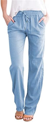KCJGIKPOK מכנסי פשתן, מכנסי פשתן אלסטיים מוצקים ברגליים רחבות כושר רופף כושר פשתן מכנסי מכנסיים עם מכנסי