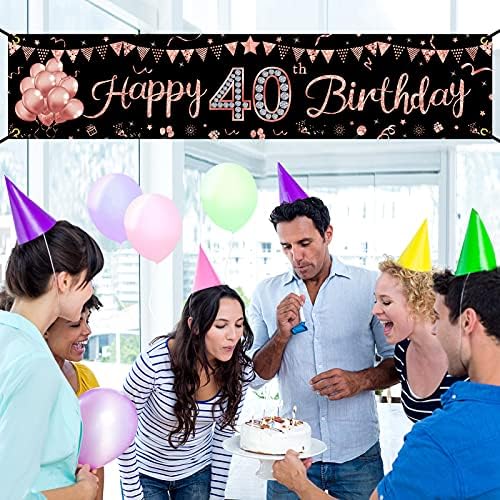 קישוטי באנר ליום הולדת 40 לנשים, זהב ורד שמח שמח אספקת מסיבות שלטי יום הולדת בת 40, ארבעים אבזרי