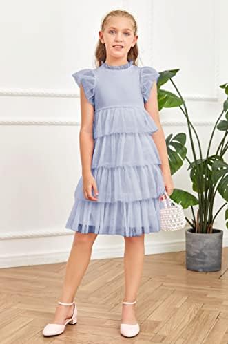 שמלת הטול של קוטגו של הילדה ראפלס שרוול שכבות שמלות קיץ חצאית טוטו בצבע אחיד 5-14 שנים