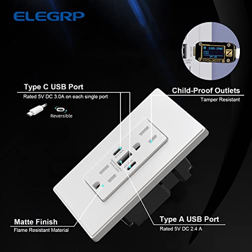 ELEGRP 30W 6.0 אמפר 3-יציאה לשקע קיר USB, כלי קיבול 15 אמפר עם יציאות מסוג U USB מסוג C כפול, מטען
