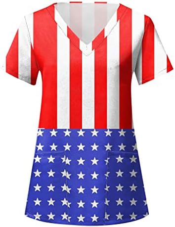 4 ביולי חולצות לנשים דגל אמריקאי קיץ שרוול קצר חולצת צוואר עם 2 כיסים חולצות בגדי עבודה מזדמנים לחג