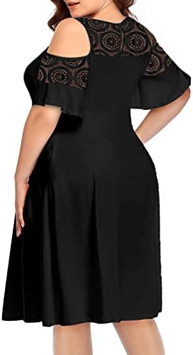 בתוספת גודל שמלה לנשים מוצק תחרה צוות צוואר קר כתף קצר שרוול מידי אונליין נדנדה שמלה