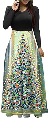 שמלות מקסי לנשים 2022 עץ חג המולד הדפסת 3 ד שרוול ארוך צוואר חוף מזדמן שמלה קיצית דקה שמלת שיבה הביתה