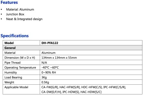 PFA122 תיבת צומת אלומיניום אטום מים למצלמות אבטחה של דהואה HFW5100/5200/5300E/HAC-HFW1100R/HFW2220R/HDW1100R,