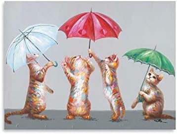 COLUPOL COUT CAT CANVAS ART KITTY חמוד רוקד עם אמנות חתול מטרייה לקירות 4 ציורים חתולים תפאורה