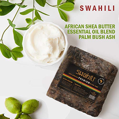 סבון שחור פרימיום אפריקאי סוואהילית גלם עם חמאת שיאה 8 עוז - כל טבעי, אורגני &מגבר; מזוקק. מושלם