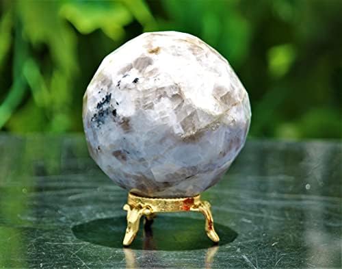קשת לבן מלוטש מעולה קשת ירח אבן גביש קוורץ אבן טבעית כדורי יהלום עם עמדת זהב צ'אקרות ריפוי מינרלים