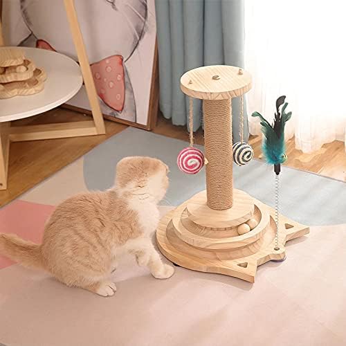מזל מונה 13 חתול עץ גבוה סיסל מגרד פוסט צעצוע חתול דו-שכבתי עם כדורי מסלול אינטרקטיביים פטיפון
