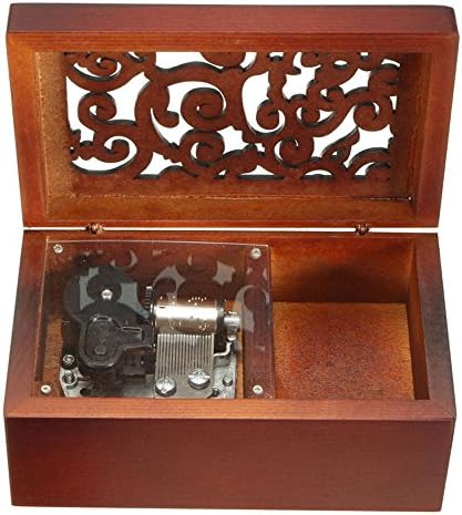 קופסה מוזיקלית עתיקה עץ חרוט עץ, קופסה מוזיקלית מדהימה של גרייס, עם תנועת ציפוי כסף פנימה, מלבן