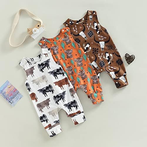 אמבבי מערבי תינוקת בגדים ילדה הדפס פרה סרבל סרבל מגפיים ללא שרוולים כפתור דפוס רומפר בגדי קיץ בגדי קיץ