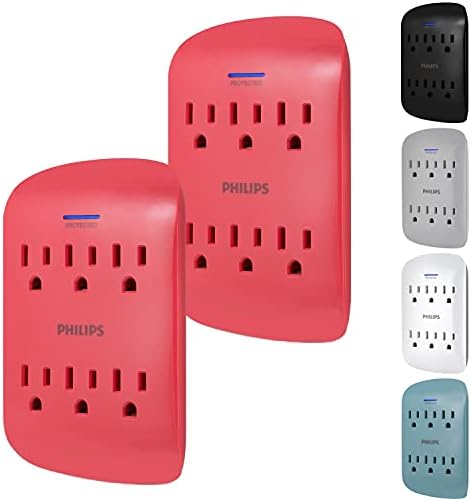 Philips Philips 6-Outlet Surge Surge מגן, 2 חבילה, ברז קיר, 900 ג'ולס, 3 שיניים, תכנון חיסכון בחלל, מחוון הגנה