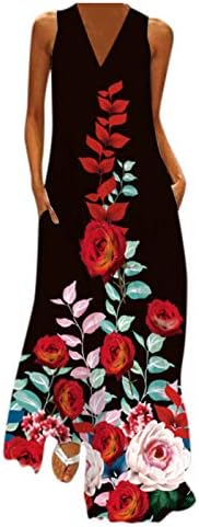 בציר שמלת קאמי צוואר קיץ שמלת דפוס הדפסת מסיבת שרוולים מקסי עם כיסי נשים שמלות לנשים מידי