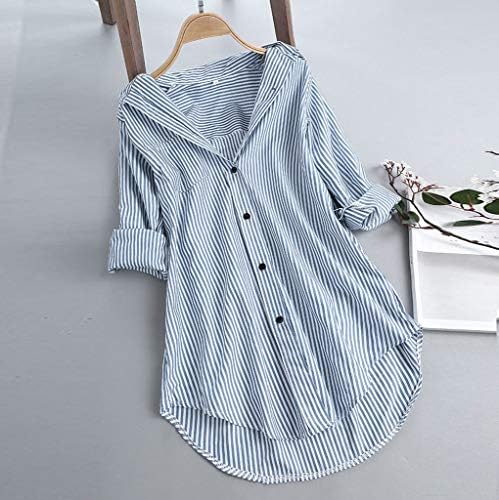 חולצות טוניקת פסים לנשים בתוספת גודל צווארון שרוול ארוך חולצת כפתור נמוכה גבוהה ללבוש לעבודה חולצות לנשים