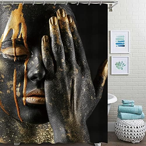 פוקטוליקט ילדה שחורה שפתיים מוזהבות וילון מקלחת אמבטיה וילון מקלחת אפריקני אמריקאי 72 x 72 אינץ 'פוליאסטר