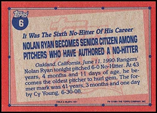 1991 Topps 6 Nolan Ryan NM-MT Texas Rangers מורשה רשמית כרטיס מסחר בייסבול MLB