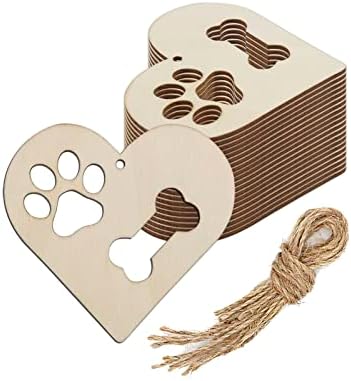 20 יחידות לב עץ עשה זאת בעצמך מלאכות מגזרות עץ כלב כפת כלב עצם לב בצורת תליית קישוטי עם יוטה חוטים תגי מתנה