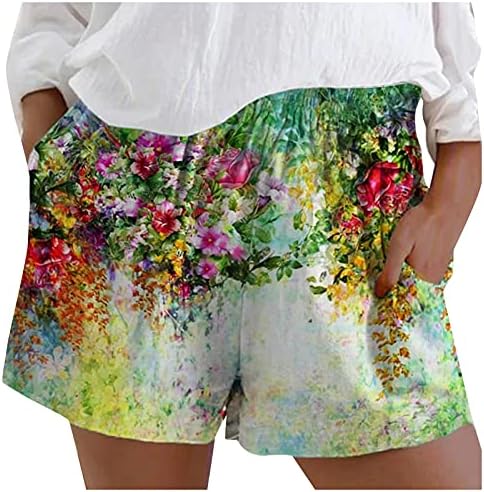 2023 מכנסי קיץ של נשים קצרים מזדמנים מותניים אלסטיים רופפים מכנסיים אתלטים קצרים רטרו הדפסת מכנסיים קלים עם כיסים
